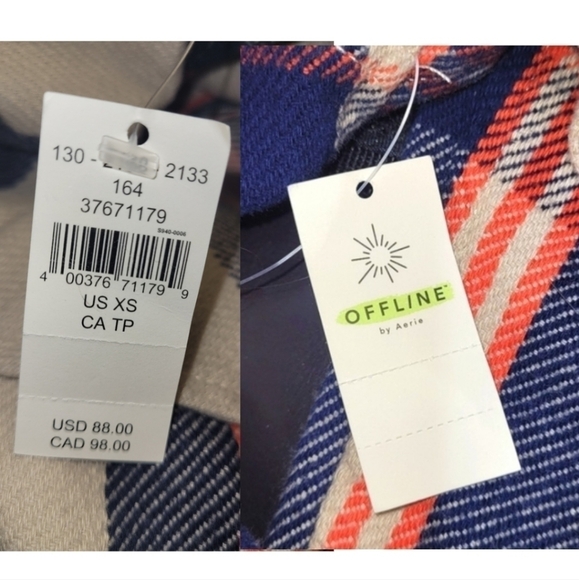 AERIE OFFLINE Flannel Button Down Jacket Shacket In Soft Oat Navy Orange Size XS - Picture 15 of 16